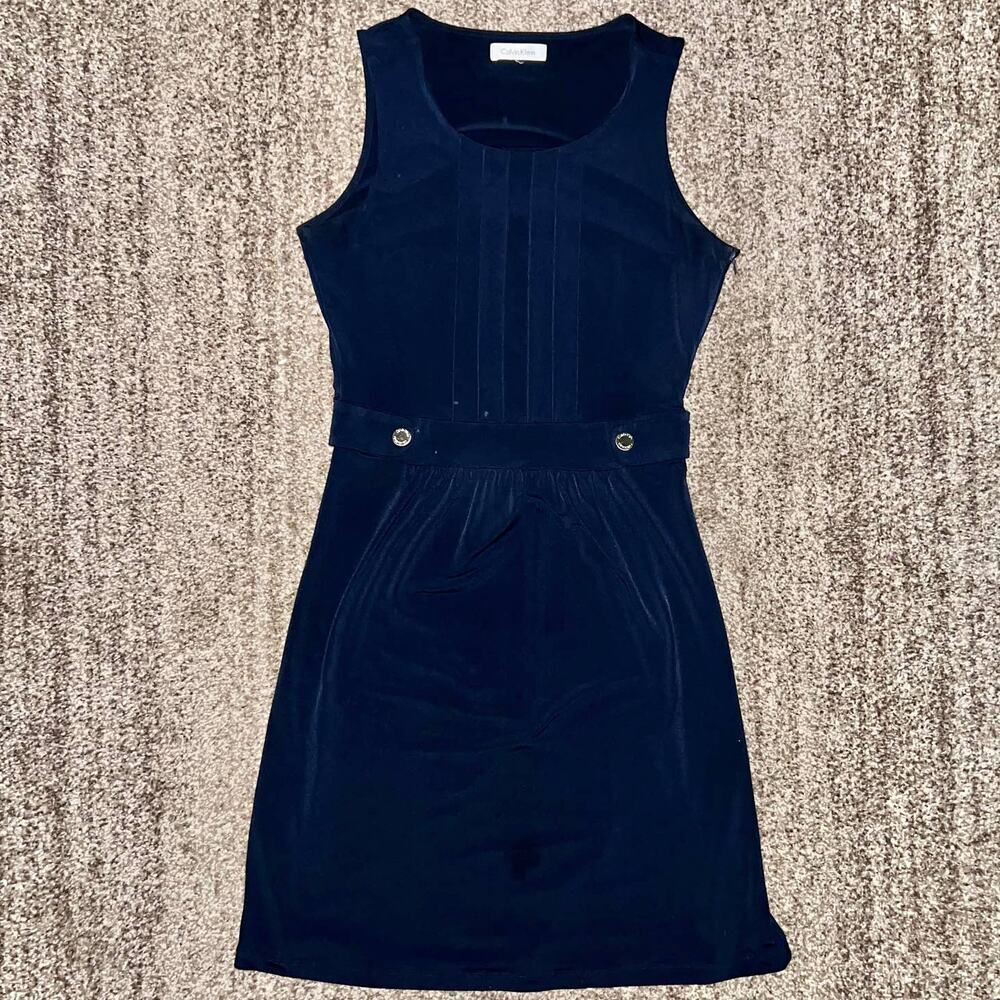 Calvin Klein Women's Pleated Belted Navy Blue Dress Size Medium